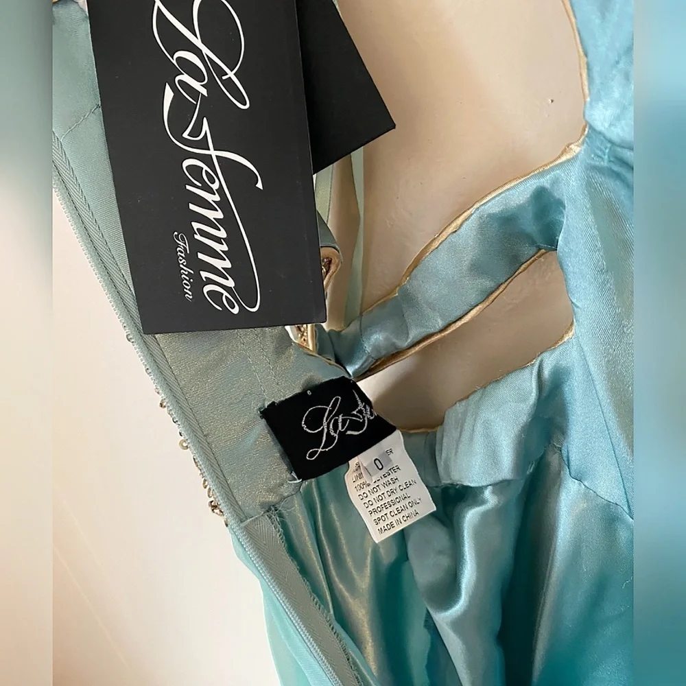 La Femme Blue Embellished Sequin & Gemstone Strapless Chiffon Dress Gown